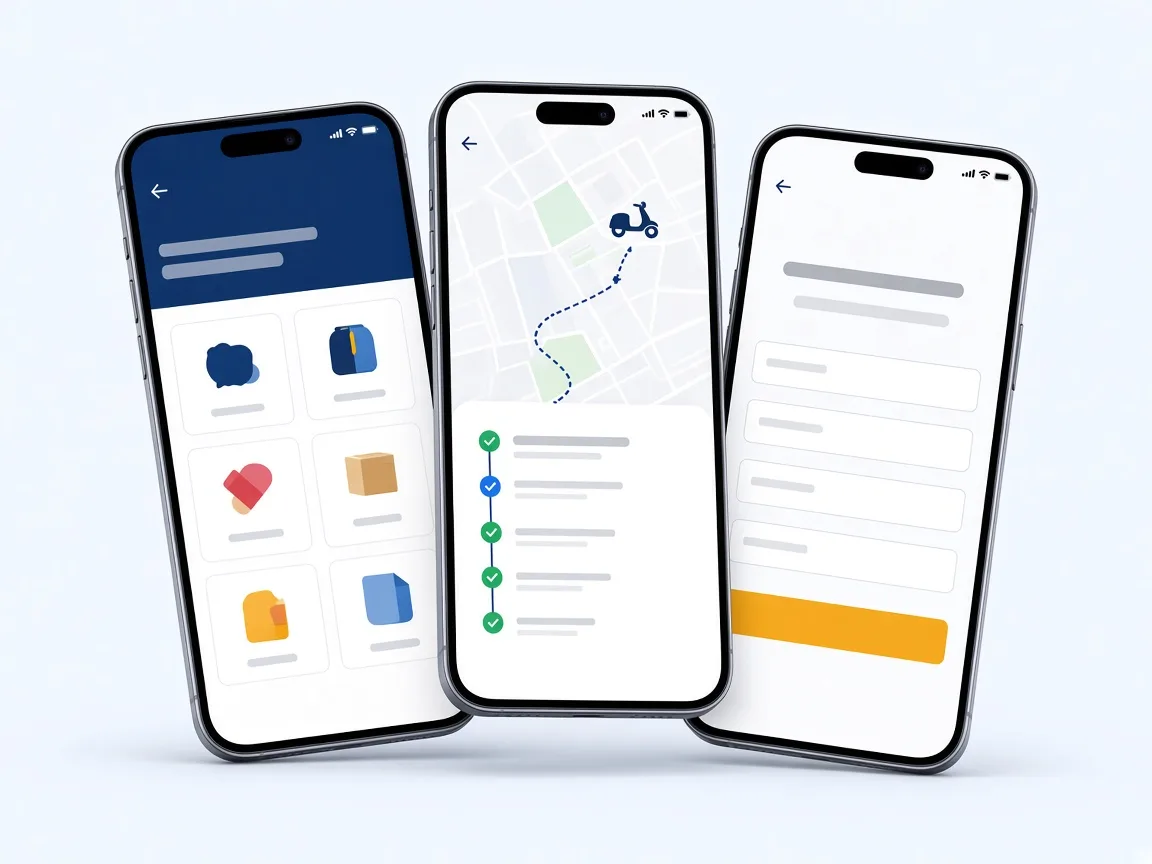 Three phones showing the PuraEx app booking, tracking and checkout screens
