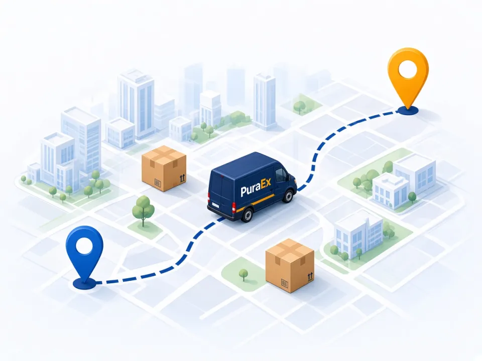 Illustrated map showing a PuraEx van travelling between two pins
