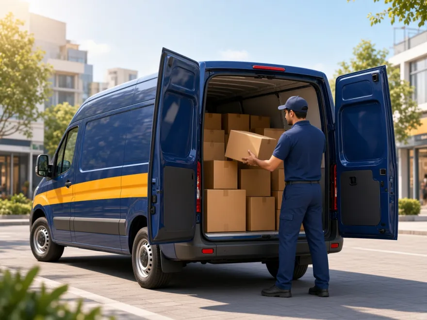 PuraEx courier loading parcels into a branded van