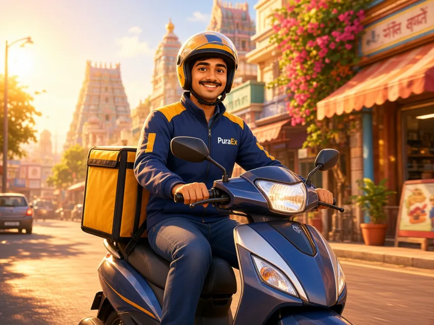 PuraEx rider on a scooter with an insulated food box