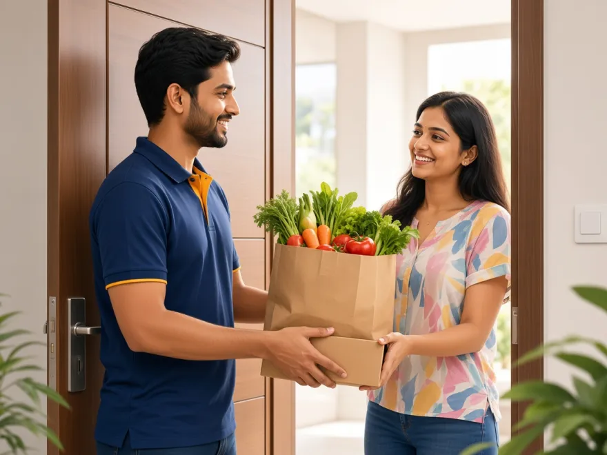 Delivery partner handing a grocery bag to a customer at her door