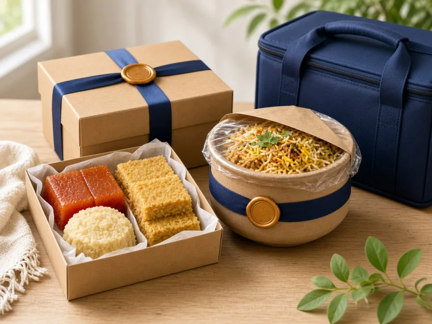 Sweets and a sealed food tin packed in PuraEx gift packaging